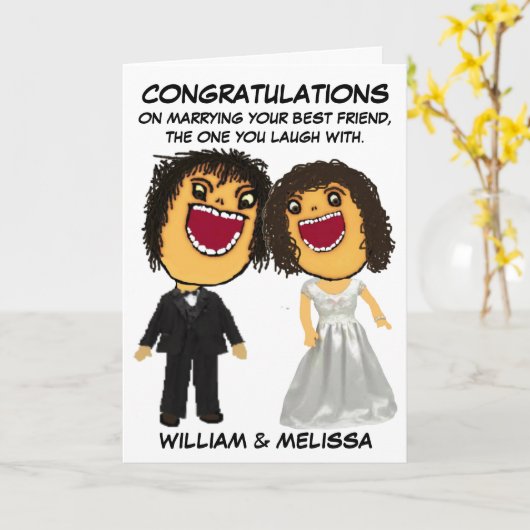 Bruid en bruidegom Cartoon gefeliciteerd Kaart (Gele Bloem)