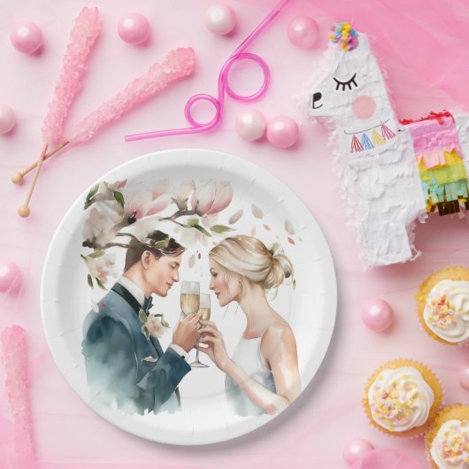 Bruid en bruidegom Champagne Magnolia's Papieren Bordje (Feest)