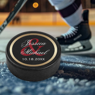 Bruid en bruidegom gepersonaliseerde herinnering hockey puck