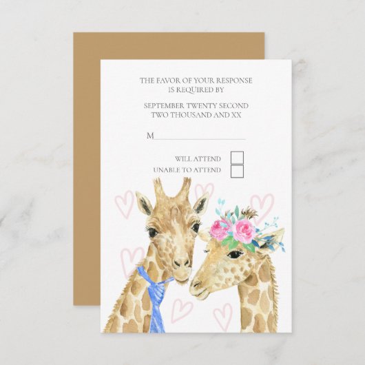 Bruid en bruidegom Giraffe bruiloft RSVP (Voorkant / Achterkant)