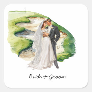 Bruid en Bruidegom Golfer huwelijk op golfbaan Vierkante Sticker