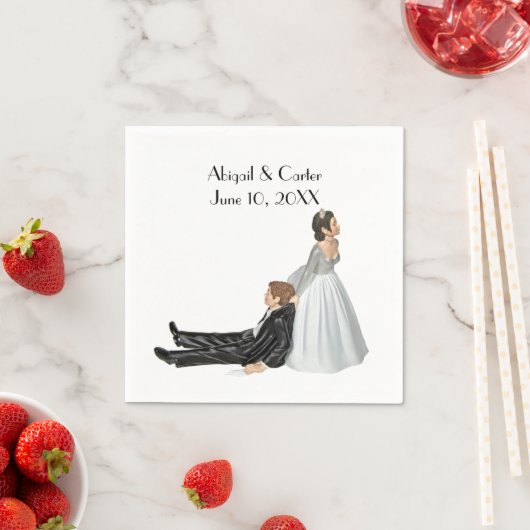 Bruid en bruidegom huwelijks humor op wit servet (Insitu)