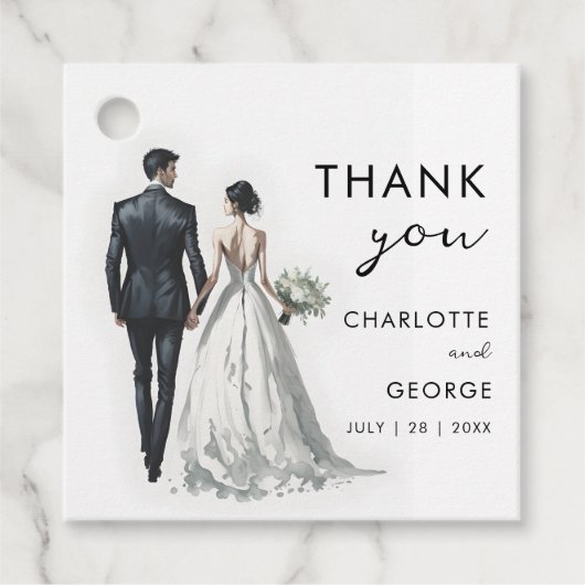 Bruid en bruidegom illustratie huwelijksgunsten bedankjes labels (Voorkant)