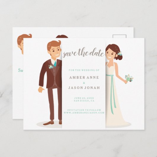 Bruid en bruidegom illustratie Save the Date Aankondigingskaart (Voorkant / Achterkant)