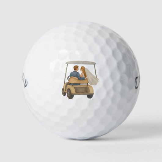 Bruid en Bruidegom in een Golfkarretje Trouwgunst Golfballen (Voorkant)