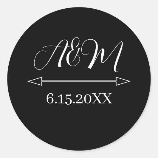 Bruid en bruidegom Initialen trouwdatum | Black Ronde Sticker (Voorkant)