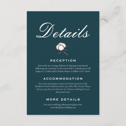 Bruid en Bruidegom Katoen Groen Elegante Trouwdag Informatiekaartje (Voorkant)