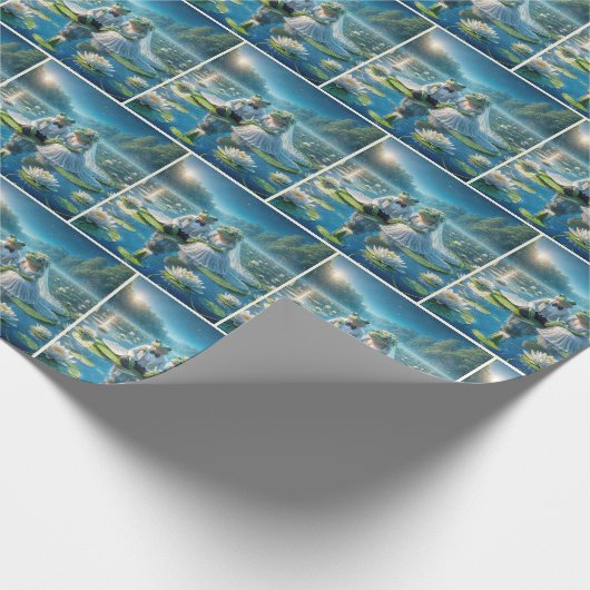 Bruid en bruidegom kikkers op Lily Pad Cadeaupapier (Hoek)