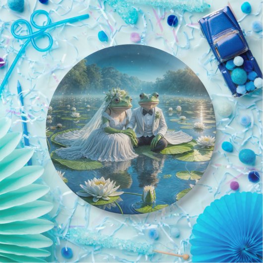 Bruid en bruidegom kikkers op Lily Pad Papieren Bordje (Feest)