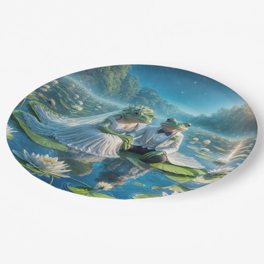 Bruid en bruidegom kikkers op Lily Pad Papieren Bordje (Gekanteld)
