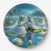 Bruid en bruidegom kikkers op Lily Pad Papieren Bordje (Voorkant)