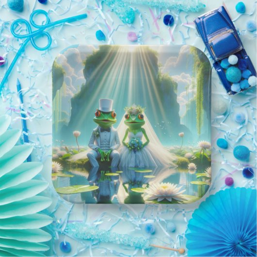Bruid en bruidegom kikkers op Lily Pad Papieren Bordje (Feest)