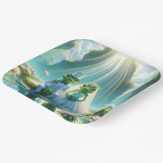 Bruid en bruidegom kikkers op Lily Pad Papieren Bordje (Gebogen)