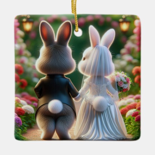 Bruid en bruidegom konijnen keramisch ornament (Voorkant)