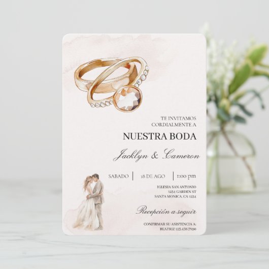 Bruid en bruidegom met ring Spaanse bruiloft Kaart (Staand voorkant)