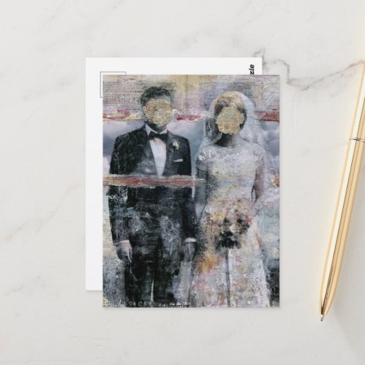 Bruid en Bruidegom Mixed Media Collage Briefkaart (Voorkant / Achterkant in situ)