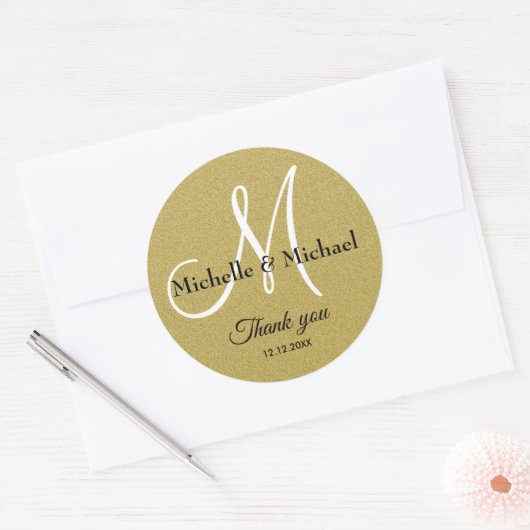 Bruid en Bruidegom Monogram Goud Glitter Bedankt Ronde Sticker (Envelop)