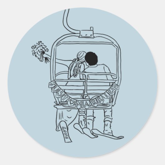 Bruid en bruidegom op ski lift tekening ronde sticker (Voorkant)