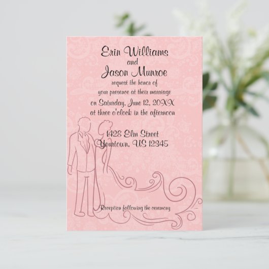 Bruid en bruidegom Outline op Roze Kant uitnodigin Kaart (Staand voorkant)