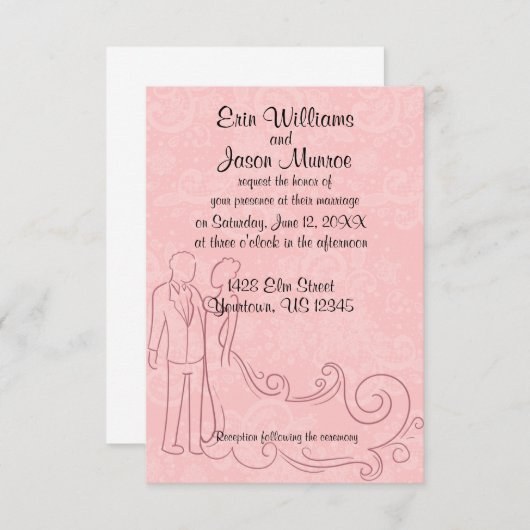 Bruid en bruidegom Outline op Roze Kant uitnodigin Kaart (Voorkant / Achterkant)