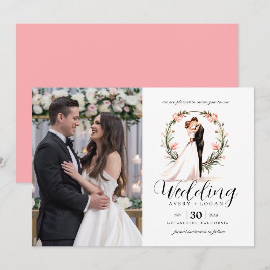 Bruid en bruidegom paar waterverf bruiloft kaart (Voorkant / Achterkant)