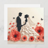 Bruid en bruidegom papier kunst met bloemen kaart (Voorkant / Achterkant)