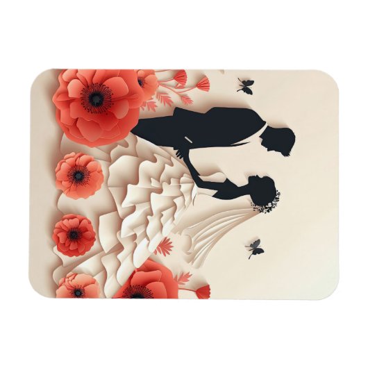 Bruid en bruidegom papier kunst met bloemen magneet (Horizontaal)