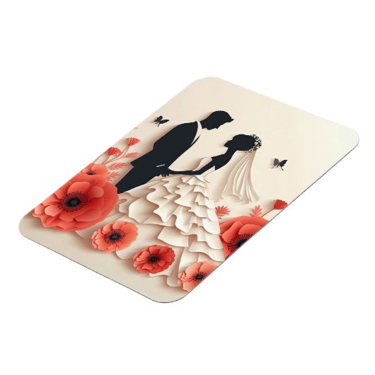 Bruid en bruidegom papier kunst met bloemen magneet (Linkerzijde)
