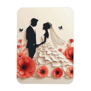 Bruid en bruidegom papierkunst met bloemen magneet