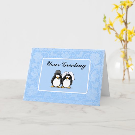 Bruid en bruidegom pinguïn Kaart (Gele Bloem)
