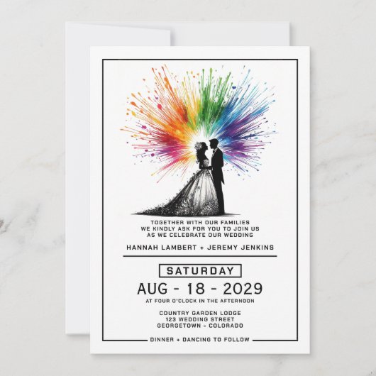 Bruid en bruidegom Rainbow Burst Bruiloft Kaart (Voorkant)