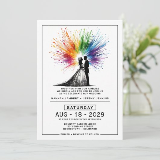 Bruid en bruidegom Rainbow Burst Bruiloft Kaart (Staand voorkant)