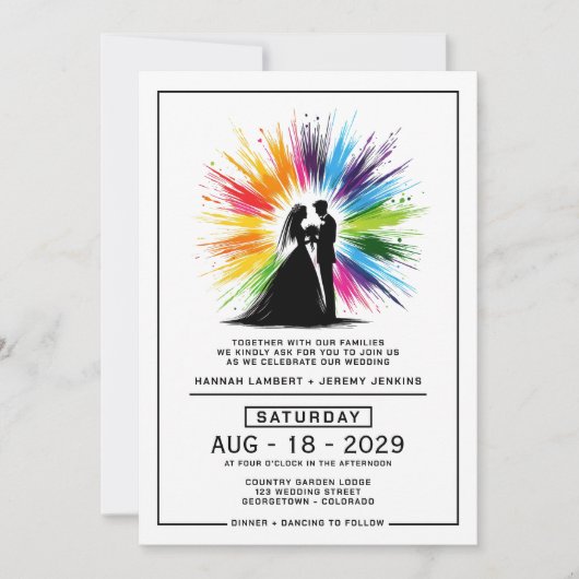 Bruid en bruidegom Rainbow Burst Bruiloft Kaart (Voorkant)