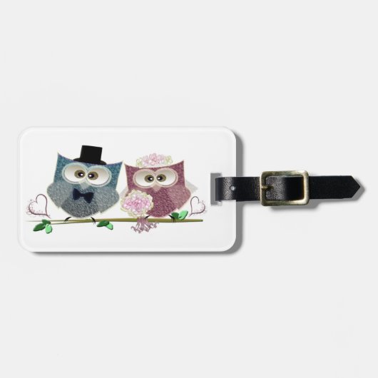 Bruid en bruidegom schattige Uilen Kunst Bagagelabel (Voorkant horizontaal)