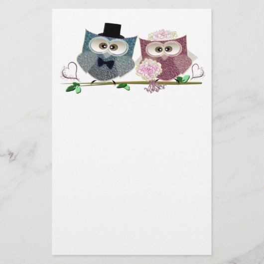 Bruid en bruidegom schattige Uilen Kunst Briefpapier (Voorkant)