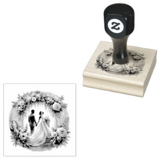 Bruid en Bruidegom silhouet Bloemige Trouwdag Rubberstempel