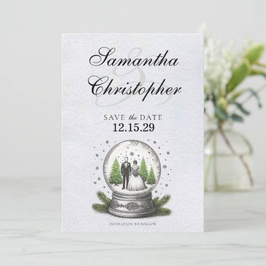 Bruid en bruidegom Snow Wereldbol Save The Date (Staand voorkant)