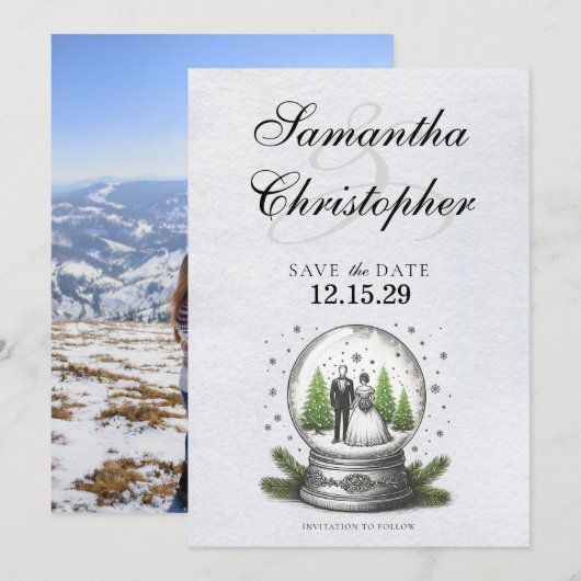 Bruid en bruidegom Snow Wereldbol Save The Date (Voorkant / Achterkant)