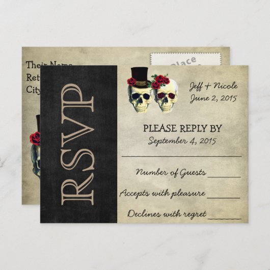 Bruid en bruidegom Sugar Skulls Bruiloft RSVP Uitnodiging Briefkaart (Voorkant / Achterkant)
