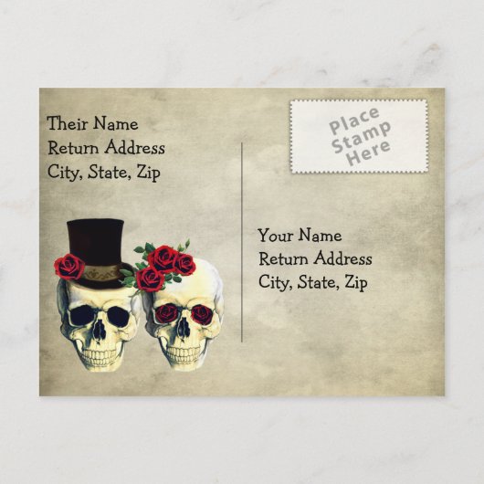Bruid en bruidegom Sugar Skulls Bruiloft RSVP Uitnodiging Briefkaart (Achterkant)