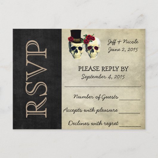 Bruid en bruidegom Sugar Skulls Bruiloft RSVP Uitnodiging Briefkaart (Voorkant)