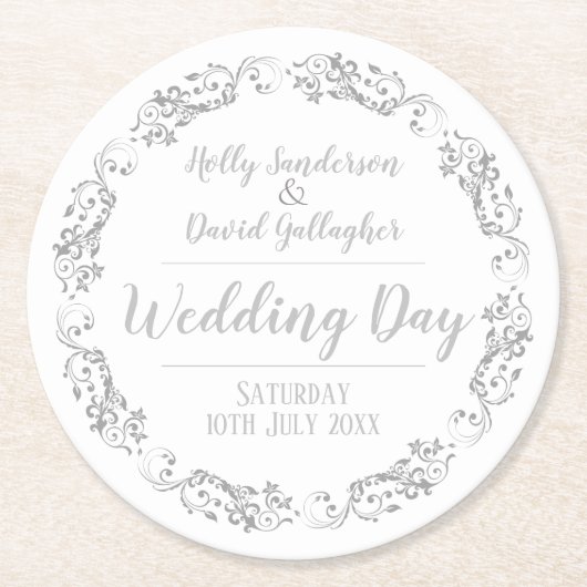 Bruid en bruidegom trouwdag receptie ronde kartonnen onderzetter (Voorkant)