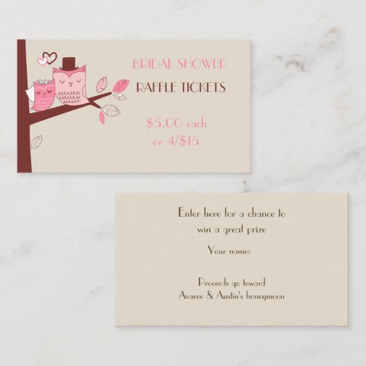 Bruid en Bruidegom Uil Koppel Tombola Tickets Informatiekaartje (Voorkant / Achterkant)