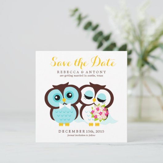 Bruid en Bruidegom Uil Trouwkaart Save the Date (Staand voorkant)