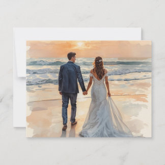 Bruid en Bruidegom Waterverf Strand Geschilderd Hu RSVP Kaartje