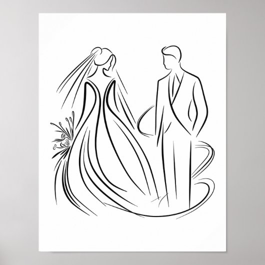 "Bruid en bruidegom Wedding Line Art Zwart-wit Poster (Voorkant)
