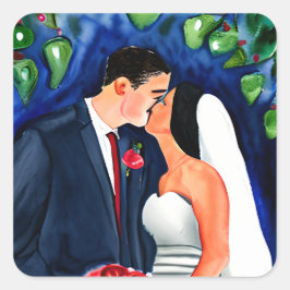 Bruid en Bruidegom zijn net getrouwd kus Vierkante Sticker