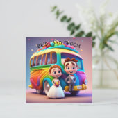  BRUID EN BRUIGOM EN DE RGENBOOGBUS  SAVE THE DATE (Staand voorkant)