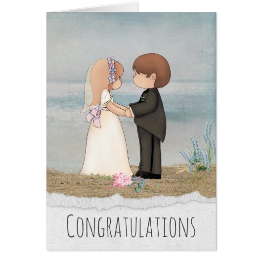 bruid en groom delen stemmen op het strand (Voorkant)