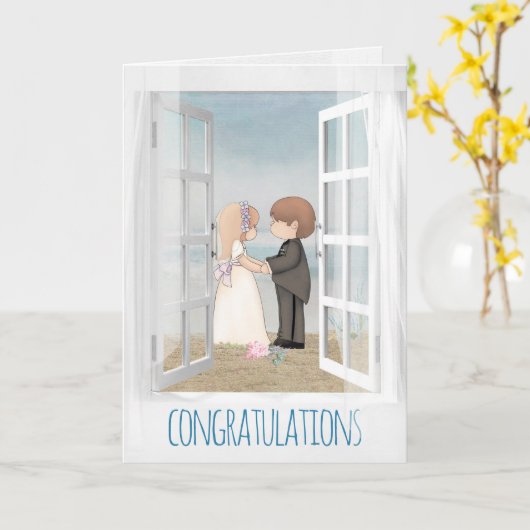 bruid en groom in open venster strandscène kaart (Gele Bloem)